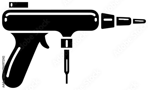 Black filled silhouette icon representing a caulk gun tool with a trigger mechanism and nozzle isolated on a clean white background symbolizing construction and diy repairs