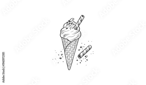 Hand-drawn ice cream cone with wafer stick and chocolate sprinkles