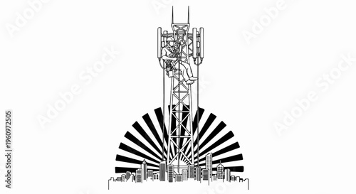 Worker at height on tower, rising sun behind cityscape