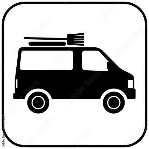 Modern black filled icon of a compact service van with cleaning supplies on the roof rack symbolizing efficient home or office maintenance and professional mobile janitorial