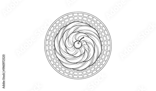 Detailed black and white waffle with swirling sauce and cherry