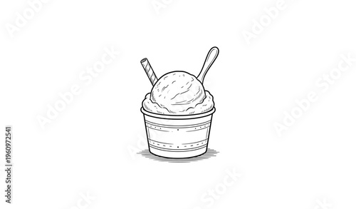 Black and white drawing of ice cream cup with spoon and wafer stick