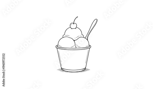 Simple line drawing of ice cream sundae in cup with cherry topping