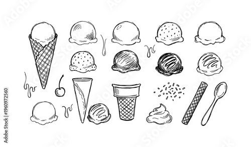 Hand-drawn ice cream cones and scoops with toppings and accessories