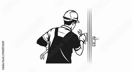 Worker in hard hat and overalls uses wrenches on a door lock mechanism