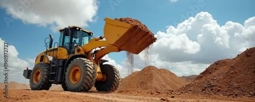 Yellow excavator loader moves soil on construction site. Earth is dumped from bucket under blue cloudy sky. Heavy machinery works on new project, land development.