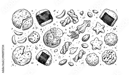 Hand-drawn assorted cookies and snacks - black and white sketch