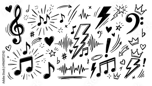 Hand drawn doodle vector set of bold music icon scribbles in playful expressive ink pen style with strong black outlines isolated on white background