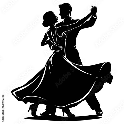 Elegant ballroom dancing couple silhouette performing waltz or tango isolated black vector illustration romantic dance performance.