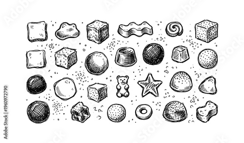 Hand-drawn assorted candy and sweets sketch illustration