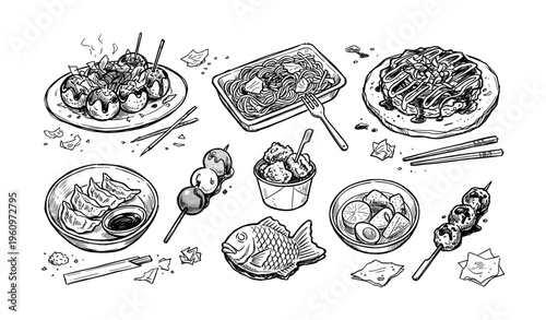 Japanese street food variety including takoyaki, yakisoba, and taiyaki illustrated in black and white