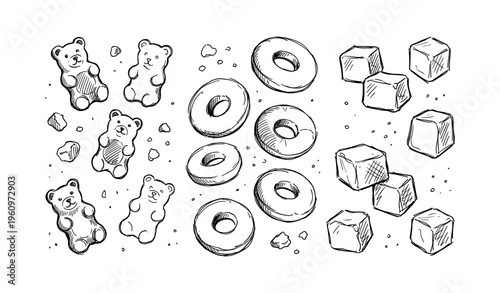 Hand-drawn sweets pattern with gummy bears, donuts, and sugar cubes