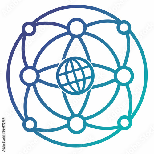 Global interconnected network system with abstract world map icon and connecting nodes symbolizing technology communication data