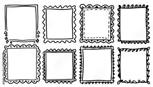 Hand drawn doodle vector set of border doodles in fun sketchy ink pen style with clean black outlines isolated on white background