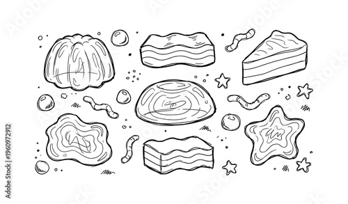 Hand-drawn jelly and cake cartoon desserts with worms and stars on white background