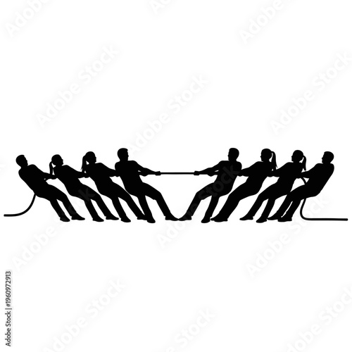 Silhouette of two teams playing tug of war, competition, strength, teamwork, white background