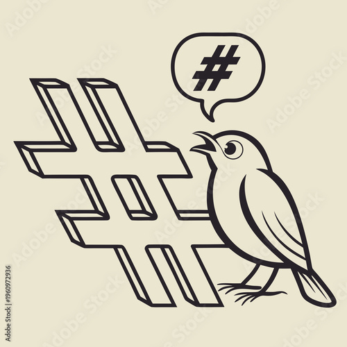 Bird character singing with hashtag speech bubble and isometric symbol representing social media posting microblogging and online communication