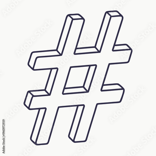Isometric hashtag symbol with three dimensional effect and dark outline on white background perfect for social media marketing and digital content