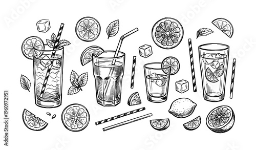 Hand-drawn lemonade and citrus drinks with ice cubes and straws