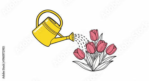 Yellow watering can showers pink tulips with water drops