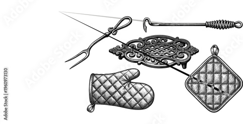 Vintage kitchenware collection with quilted mitt and cast iron trivet