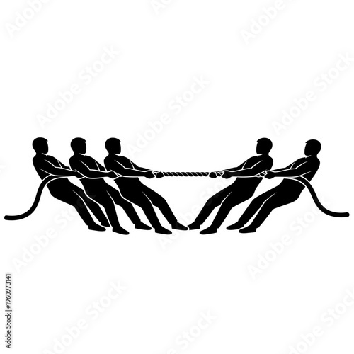 Team Tug of War Silhouette: Five People Pulling Rope in Opposition