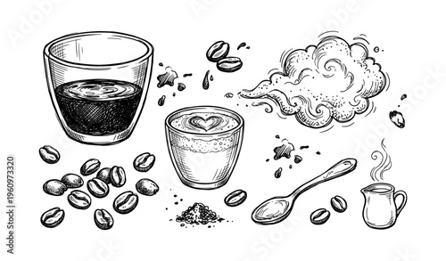 Hand-drawn coffee elements with cups, beans, and steam