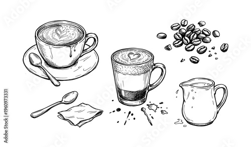 Hand-drawn coffee cups with beans and milk jug in black and white illustration
