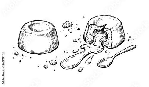 Hand-drawn lava cake illustration with chocolate filling and spoon