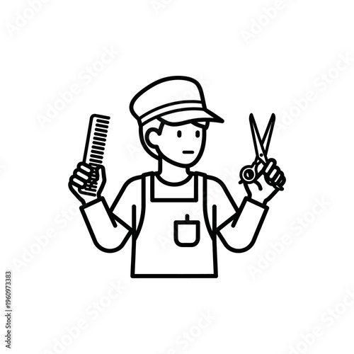 Barber holding comb and scissors, simple line art illustration, professional stylist icon