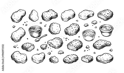 Hand-drawn chicken nuggets with dipping sauces illustration on white background