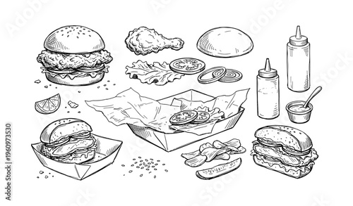 Hand-drawn fast food illustration with burgers, fried chicken, and condiments