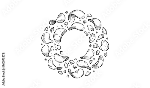 Hand-drawn circle of floating potato chips and crumbs in black and white