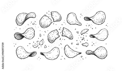 Hand-drawn sketch of potato chips with crumbs on white background