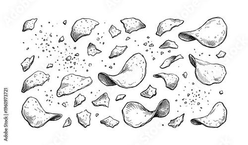 Hand-drawn potato chips and crumbs sketch on white background