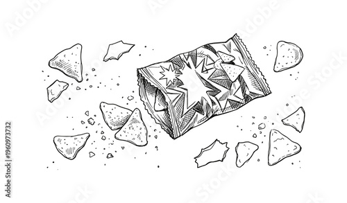 Hand-drawn snack bag with chips and crumbs exploding in line art