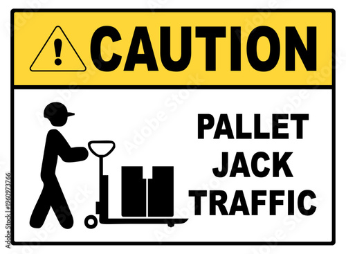Warning sign showing pallet jack traffic area with worker icon. Used in warehouses and industrial zones. Simple, high-contrast design, isolated on white background, editable vector.