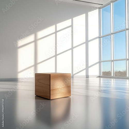 Wooden block white room sunlight large window minimal modern empty interior geometric shadow. wooden block sits bright white room with sunlight
