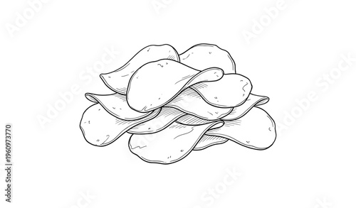 Hand-drawn stack of crispy potato chips in black and white illustration