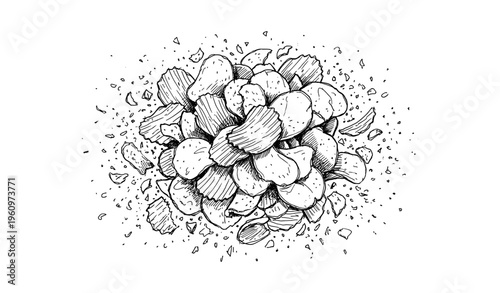 Detailed black and white sketch of scattered potato chips with crumbs