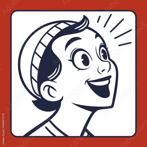 Minimalist avatar of happy child wearing beanie looking upwards with open mouth expression of wonder and surprise in square frame design vector art