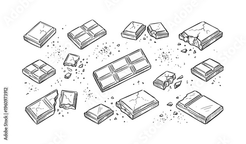 Sketch of various chocolate bars and pieces with crumbs