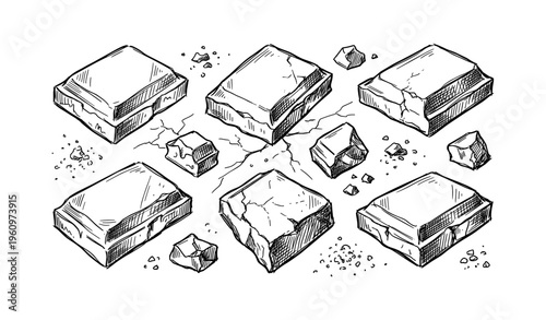 Hand-drawn stone blocks and rubble on white background
