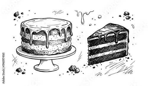 Hand-drawn cake illustration with chocolate drip and slice on white background