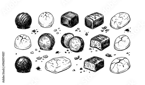 Hand-drawn assorted chocolate truffles and bonbons on white background
