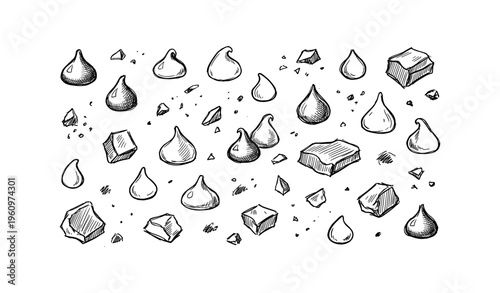 Hand-drawn chocolate chips and candy drops with broken pieces