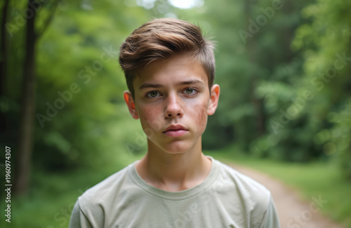 Young boy with light brown hair, green eyes stands outdoors. He has freckles, some skin blemishes. Background is blurred green foliage, path. He looks directly forward with serious expression.