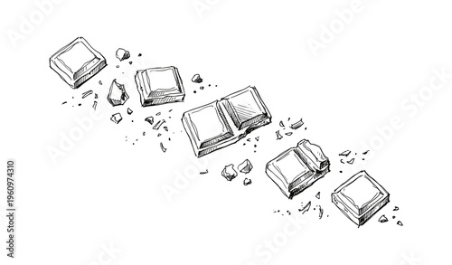 Hand-drawn chocolate squares and crumbs on white background