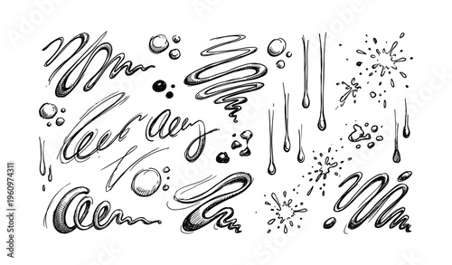 Abstract ink splatters and brush strokes on white background