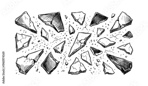 Hand-drawn shattered stones in mid-air with cracks and fractures